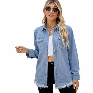 Oversized Denim Shacket Button Down Raw Hem Long Sleeve L XL